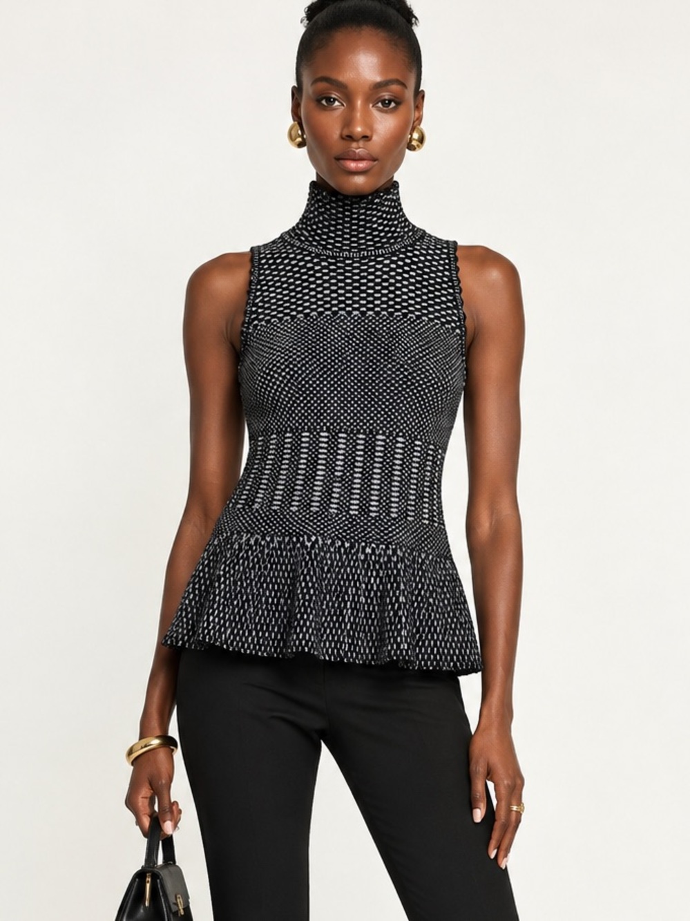 Torn by Ronny Kobo Black & White Sleeveless Mock Neck Peplum Tank